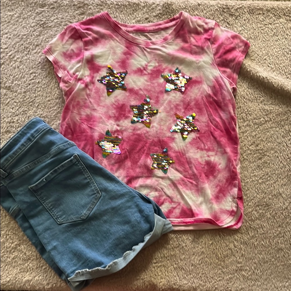 Pink Tie-Dye Star Sequin Kids T-Shirt